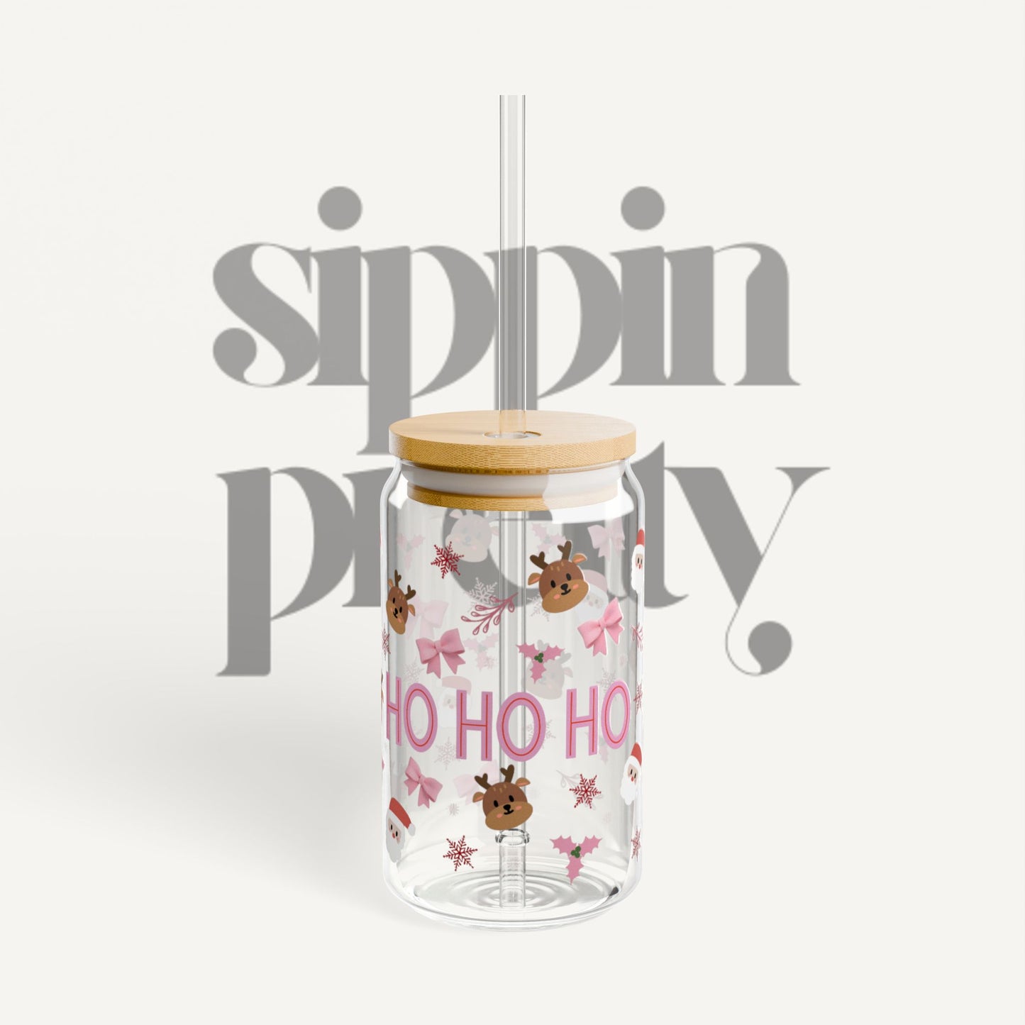 Christmas Ho Ho Ho Reindeer Sipper Glass (16 oz)