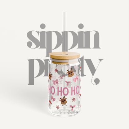 Christmas Ho Ho Ho Reindeer Sipper Glass (16 oz)