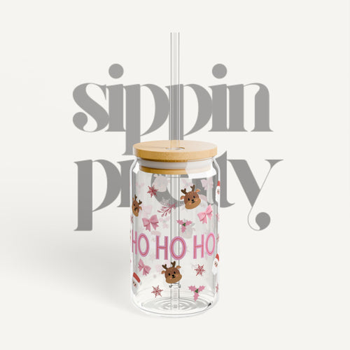 Christmas Ho Ho Ho Reindeer Sipper Glass (16 oz)