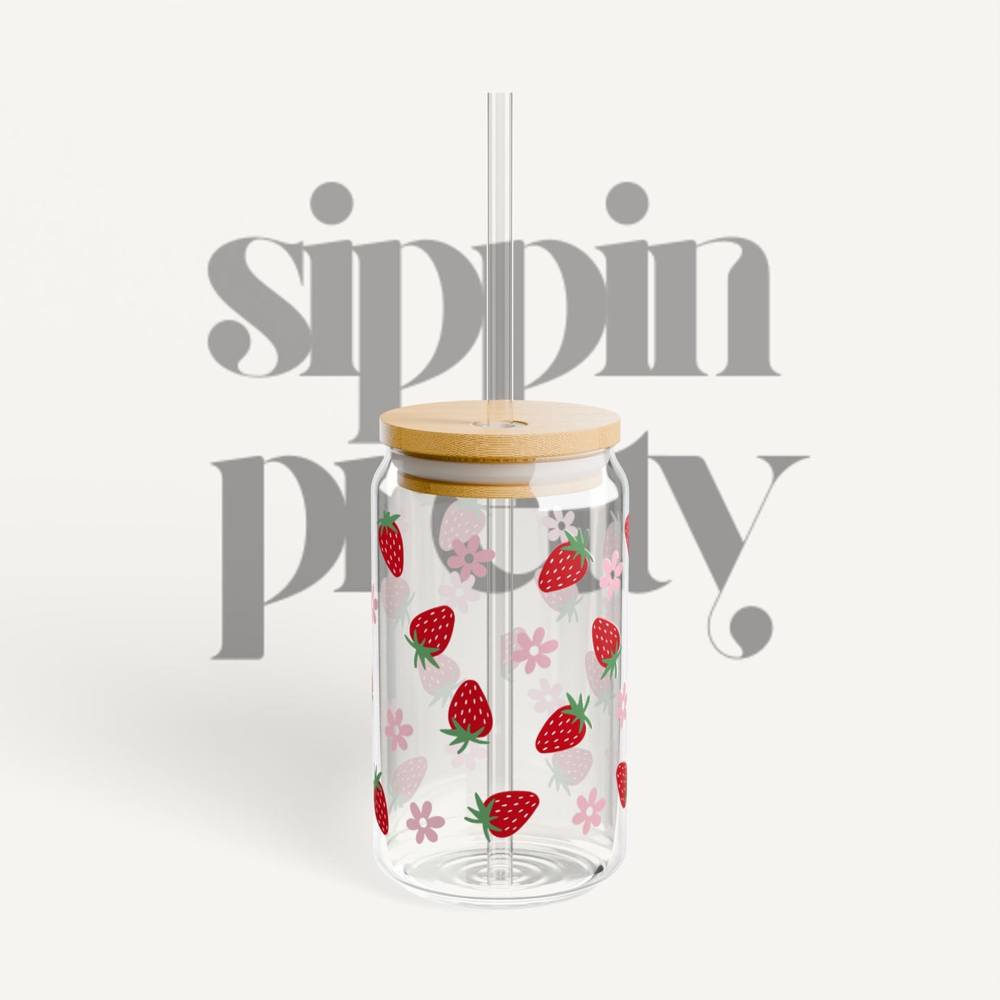 Strawberry Bloom 16oz Sipper Glass – Reusable Lid & Straw, Cute Fruit Pattern