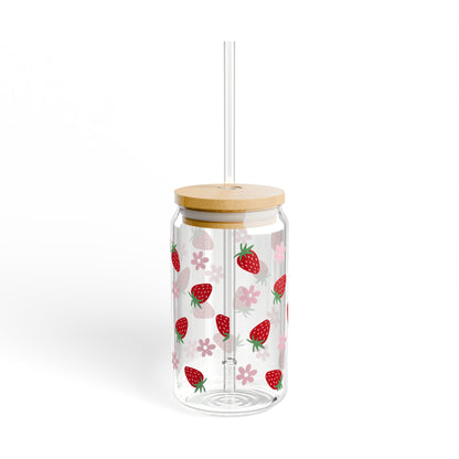 Strawberry Bloom 16oz Sipper Glass – Reusable Lid & Straw, Cute Fruit Pattern