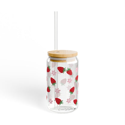 Strawberry Bloom 16oz Sipper Glass – Reusable Lid & Straw, Cute Fruit Pattern