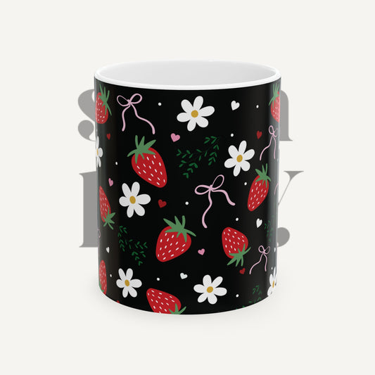 Strawberry Blossom Ceramic Mug — Cute Floral Strawberry Pattern (11oz & 15oz)