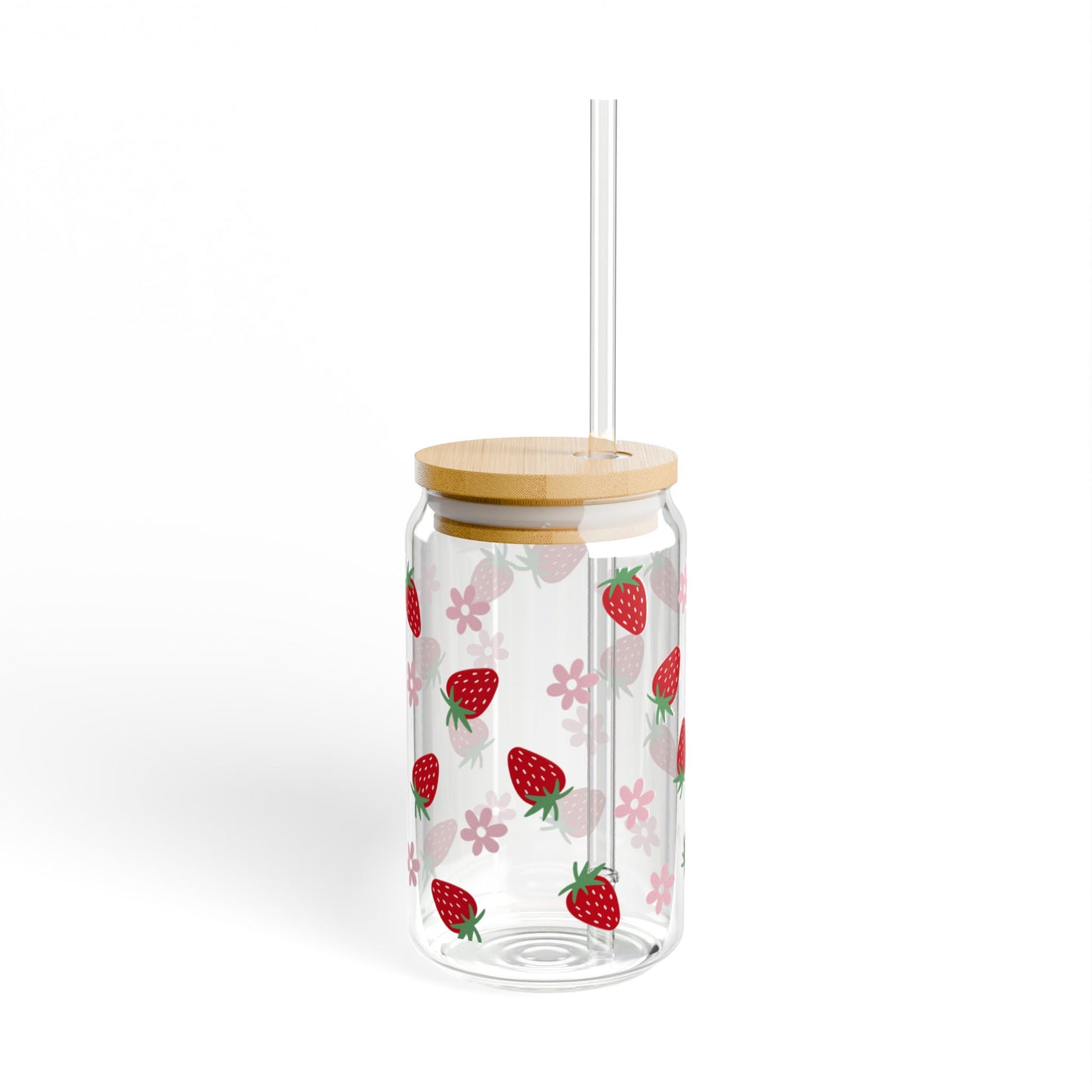 Strawberry Bloom 16oz Sipper Glass – Reusable Lid & Straw, Cute Fruit Pattern