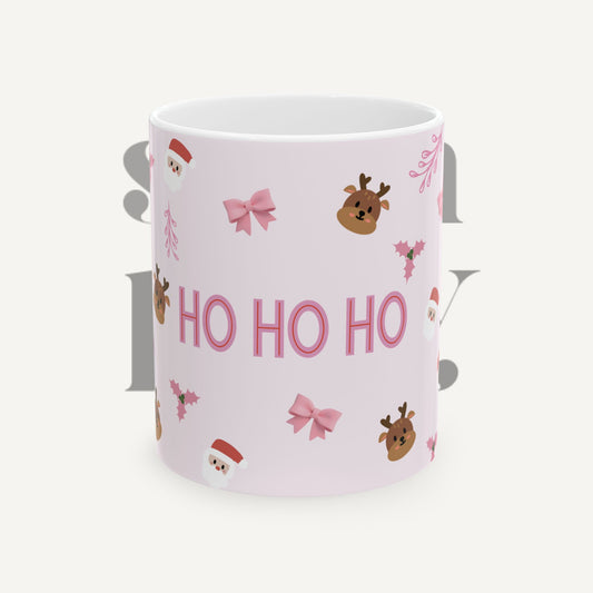 Pink 'HO HO HO' Christmas Mug – Cute Santa & Reindeer Holiday Coffee Cup