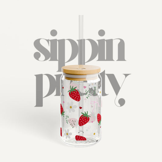Straw Tumbler - Strawberry Floral Sipper Glass (16oz)